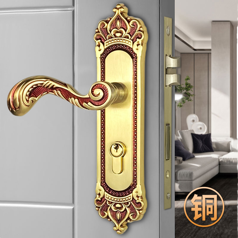 法式复古门锁金色静音磁吸卧室z门锁木门全铜室内门把手欧式美式