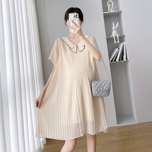 大码孕妇连衣裙夏季时尚百褶裙中长款韩版宽松a字遮肚雪纺裙200斤