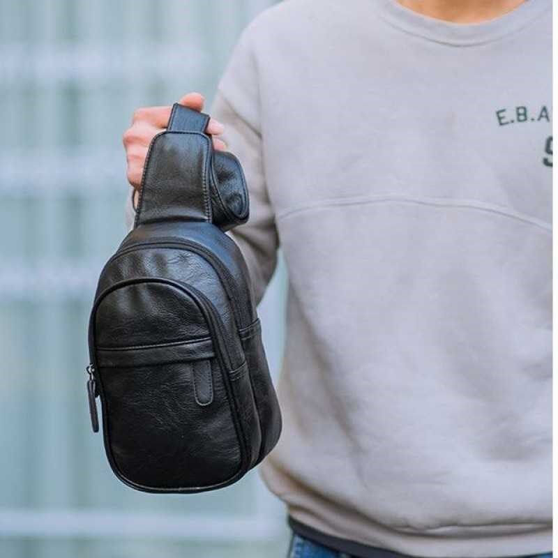 新款皮质胸包男士斜挎包休闲包高级潮男单肩包骑行包大容量多口袋