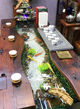 老船木茶桌椅组合流水茶台禅意茶几1米8茶桌茶具套装鱼缸茶几现货