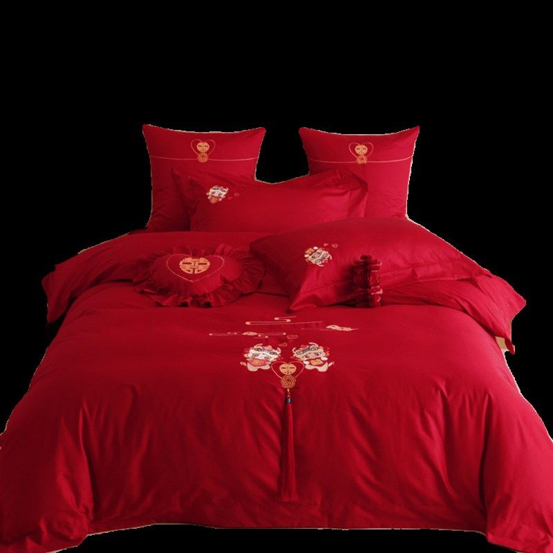 新婚庆喜被四件套结婚全棉大红色卡通刺绣被罩套床单婚房床品,床上用品,婚庆床品套件,淘宝优惠券,粉丝福利购,淘宝优惠卷