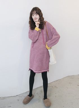 孕妇装秋冬毛衣中长款韩国时尚宽松条纹连帽卫衣针织打底裙春季潮