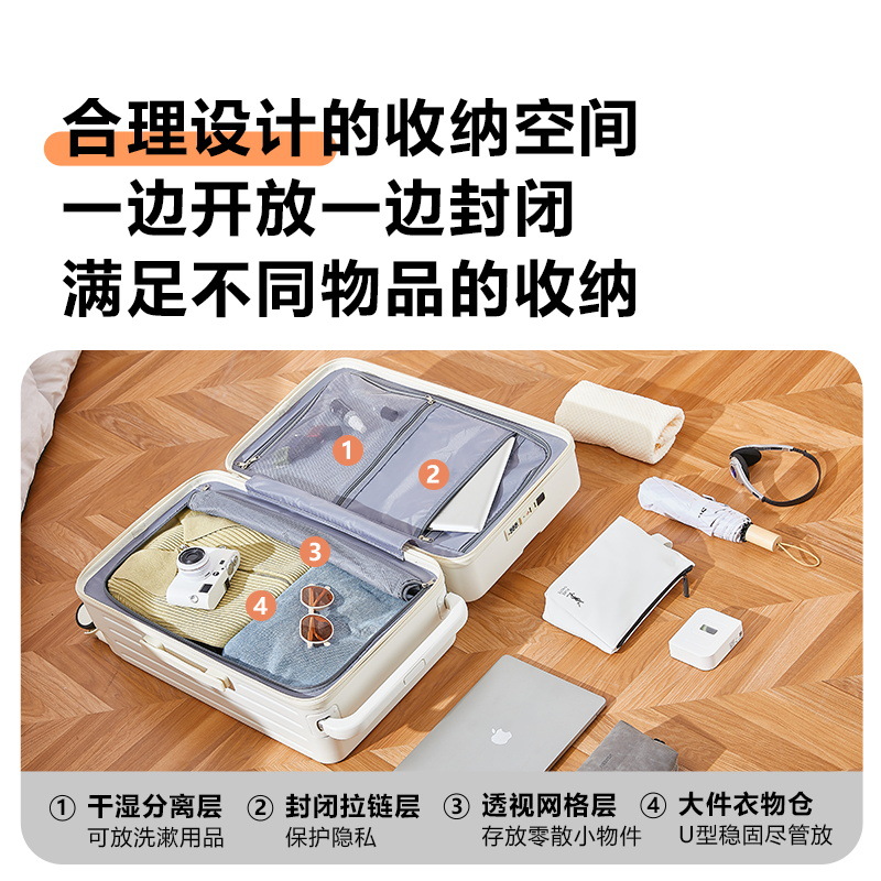 宽拉杆行李箱前置开n口拉杆箱女20寸登机箱多功能商务密码旅行箱