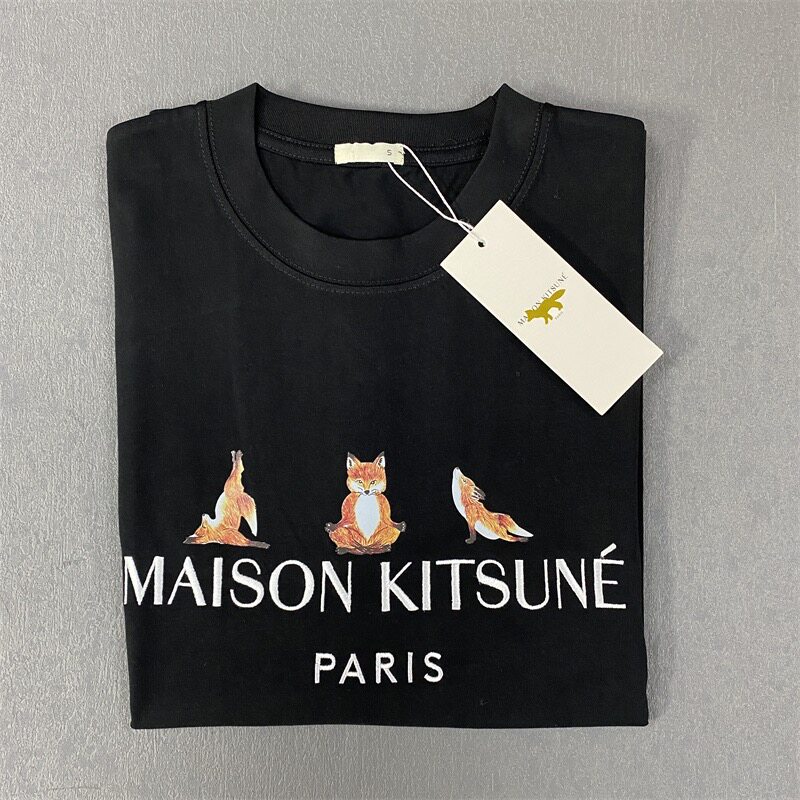 网红日韩mk狐狸头刺绣图案纯棉宽松t恤男女同款情侣衫纯棉短袖休