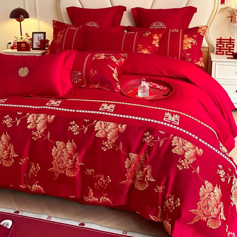 结婚四件套喜庆大红色玫瑰刺绣被套床单婚庆婚嫁床上用品,床上用品,婚庆床品套件,淘宝优惠券,粉丝福利购,淘宝优惠卷