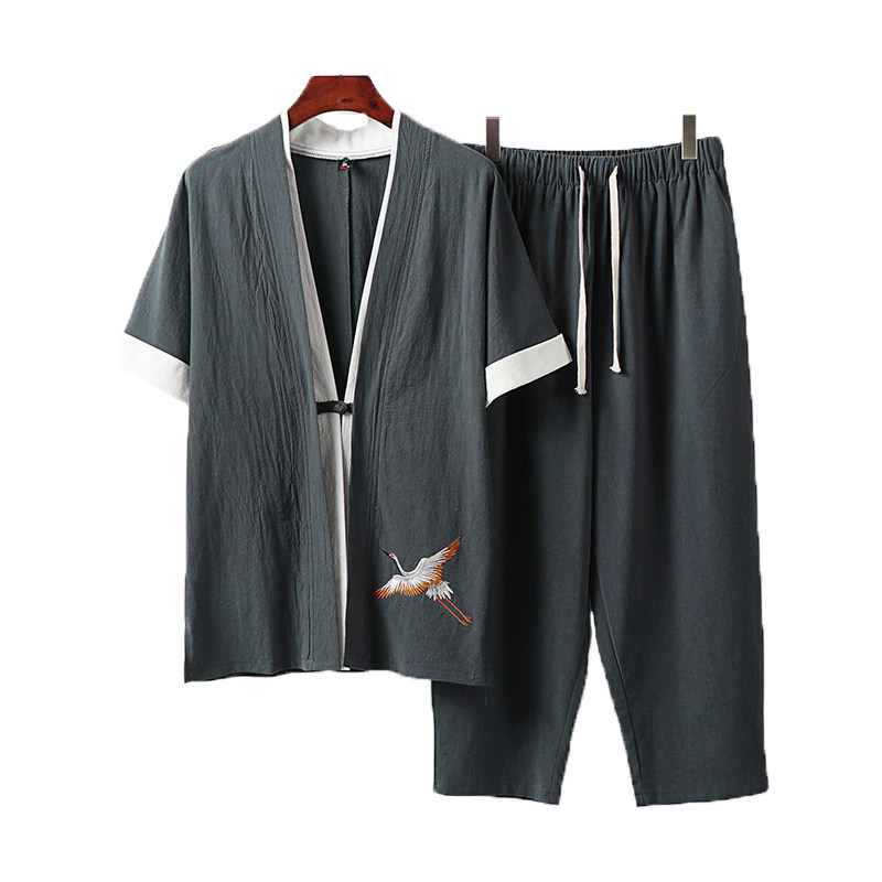 超大号棉麻短袖衬衫男夏季加肥加大码汉服古风僧开衫亚麻禅衣套装