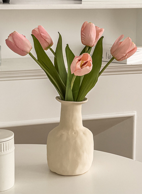 仿真花假花摆设郁金香摆件餐桌装饰客厅家居Q花瓶绿植侘寂风陶瓷