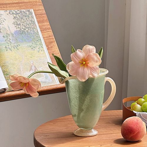 绿色玻璃花瓶中古风琉璃质感玉色奶壶花器插花水养家居桌面装饰