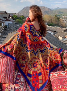 加厚空调房d保暖披肩女夏外搭云南新疆旅游民族风开叉斗篷超大披