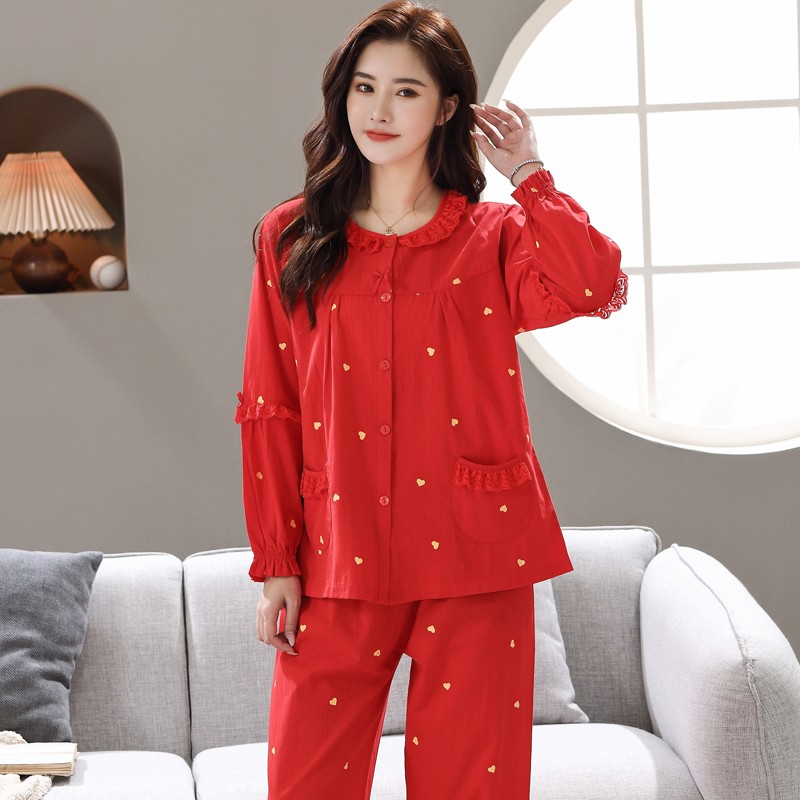 布睡衣女士春秋季长袖大码开衫中年妈I妈梭织全棉布家居服套装