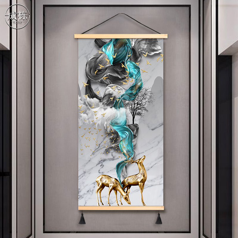 招财鹿进门玄关装饰画布画墙画免打孔布艺挂画超大挂布遮挡背景布图片