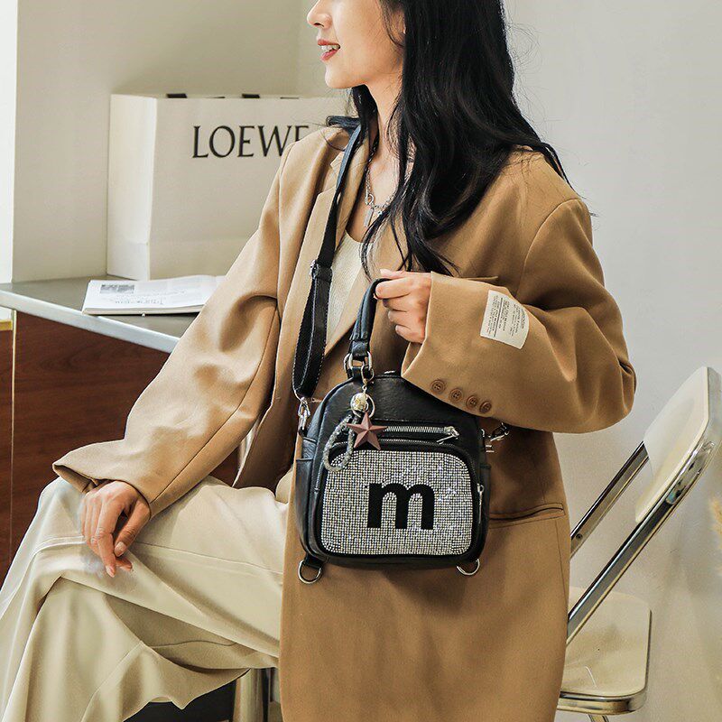 网红时尚烫钻多功能双肩包可斜挎超火的小背包女式百搭小型手提包