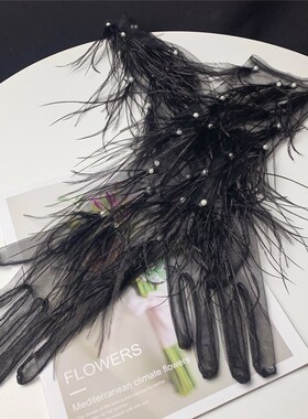 x新款时尚黑色羽毛纱手套礼服y时装走秀配饰超仙影楼写真拍照手套