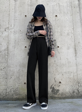 高腰垂感阔腿裤女春夏薄款宽松直筒显瘦休闲小个子黑色西装裤