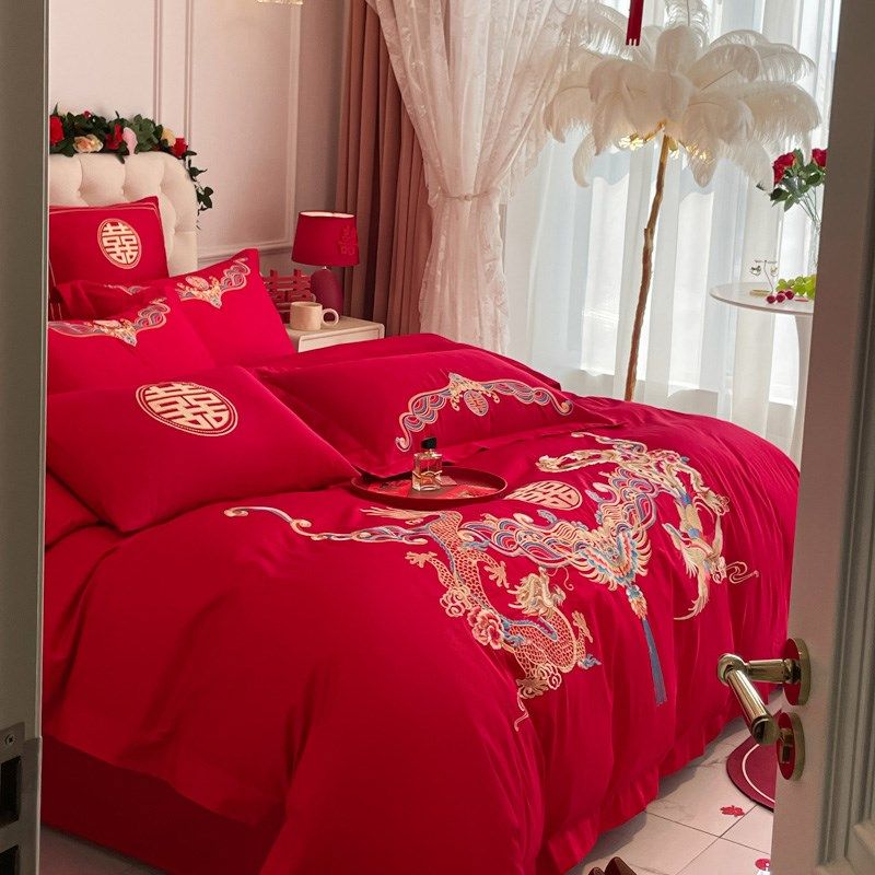 新中式龙凤刺绣160支婚庆四件套大红色喜被床单结婚床上用品4,床上用品,婚庆床品套件,淘宝优惠券,粉丝福利购,淘宝优惠卷
