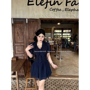 黑泽玄七2024夏季新款微胖大码收腰显瘦学院风拼接雪纺连衣裙女