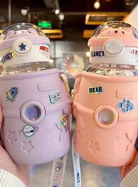 玻璃杯防摔硅胶套女童水杯2023新款夏季J儿童男童上学专用外出携