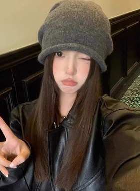 帽子假发一体百搭灰色针织毛线帽长直发秋冬冷帽大头围纯色堆堆帽