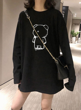 2022秋季孕妇新款纯棉长袖休闲B时尚T恤女中长款宽松黑色上衣内搭