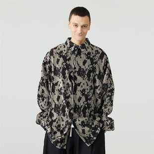 春季新品男士设计感褶皱豹纹长袖衬衫男宽松休闲潮流厚衬衣男寸衣