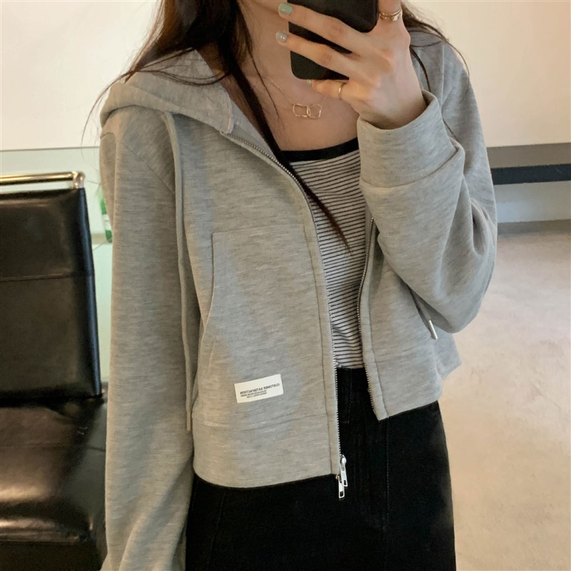 薄款卫衣女短款拉链小众设计感春夏短款粉色上衣休U闲连帽开衫
