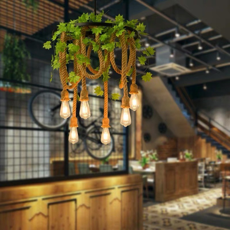 美式乡村餐厅音乐餐吧店铺个性吊灯工业风植物花草麻绳车轮装饰灯