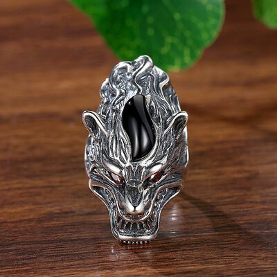 推荐Wolf Head Ring for men Retro Agate Open Single Rings jew