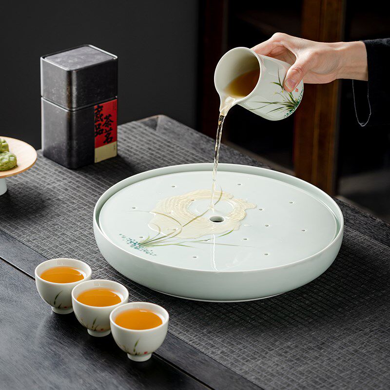 中式筠雾陶瓷茶盘茶台家用储水托盘圆形小型干泡台手绘茶具简约