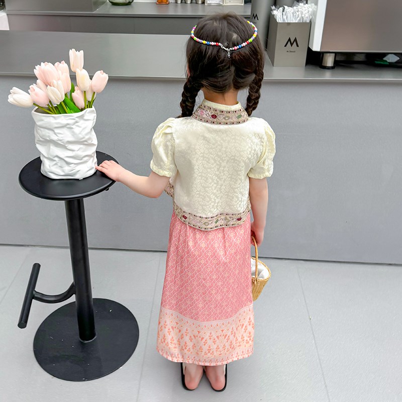 现货女童民族风服装连衣裙三月三夏款汉H服儿童少数舞蹈表演服女