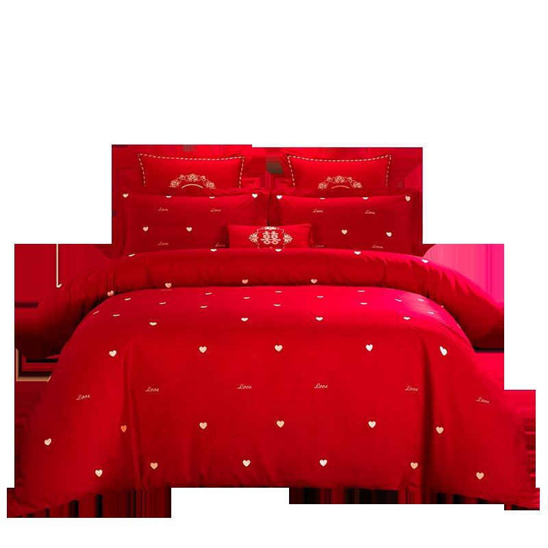 现货结婚四件套大红新婚婚床上简约婚庆棉刺绣被套绣花六多件套,床上用品,婚庆床品套件,淘宝优惠券,粉丝福利购,淘宝优惠卷