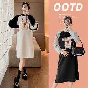 孕妇装套装2023时尚大尺码上衣春秋G新款连帽中长版卫衣洋装冬季