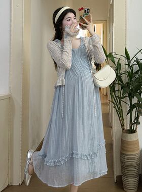 孕妇装2024春款新款连衣裙套装时尚洋气时髦针织开衫雪纺吊带裙
