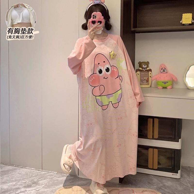 睡衣女春夏带胸垫卡通学生孕妇睡裙长款过膝长袖可外穿待产裙