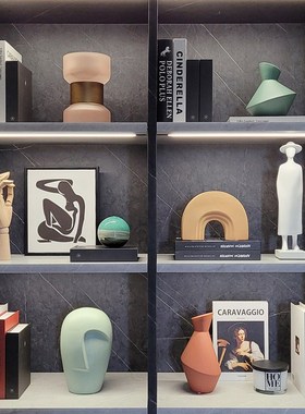 现代样板间客厅书柜简约软装家居摆件饰品几何陶瓷挂画组合ZH2650