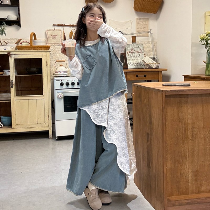 大码女装春季新款胖mm不规则蕾丝长袖连衣裙文艺宽松显瘦牛仔套装