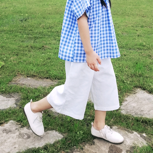 夏款儿童阔腿裤白色棉麻薄款宽腿裤女童男童M日系宽松亚麻七分裤