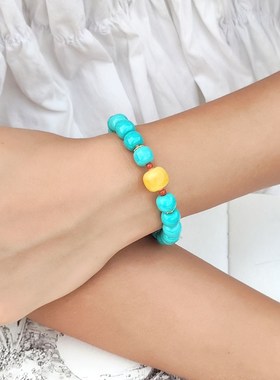 菱镁矿仿绿松石圆珠手串湖绿色单圈手链文玩饰品礼物