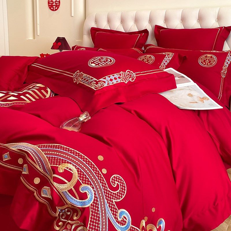 结婚床上用品四件套婚庆红色婚房喜被床单被套被单婚礼大红色新婚,床上用品,婚庆床品套件,淘宝优惠券,粉丝福利购,淘宝优惠卷