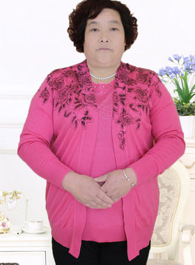 二百斤秋中老年女式加肥大码码妈妈装开衫针织衫外套两件套胖妈装