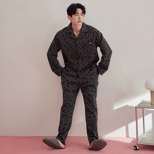 男士睡衣长袖春秋款高级感豹纹家居服秋冬季加大码可外穿套装