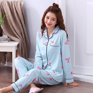 春秋睡衣女韩版开衫前扣长袖长裤夏季棉质常规可爱休闲家居服套装