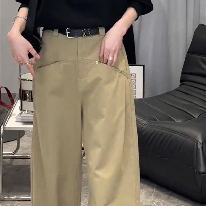 卡其色工装阔腿裤女夏季欧货w高腰梨形身材大码胖mm休闲直筒拖地
