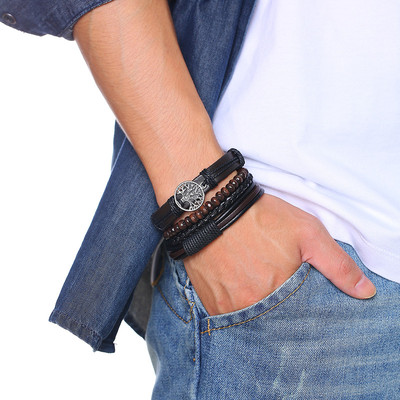 网红Vnox 4Pcs/ Set Braided Wrap Leather Bracelets for Men Vi