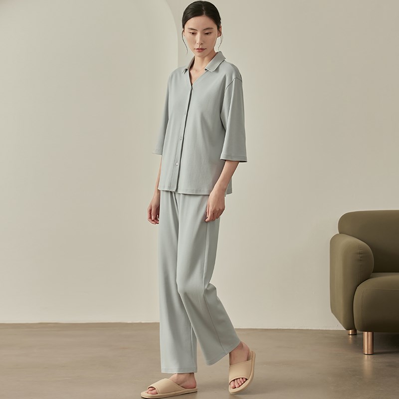 韩版休闲睡衣女春秋开衫两件套半袖长裤简约宽松可外穿家居服套装