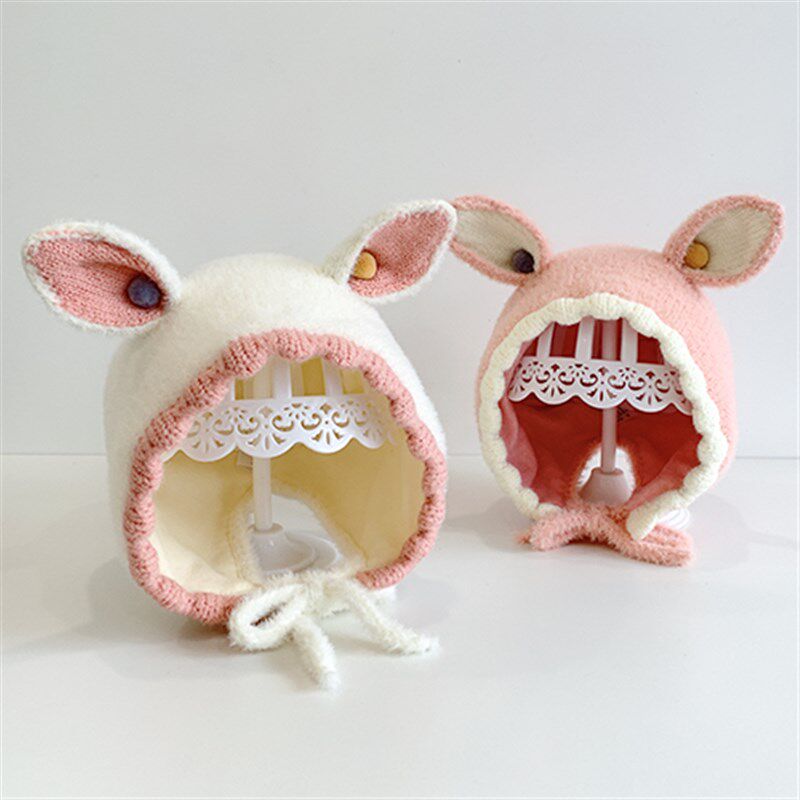 彩色球球兔耳朵婴儿帽子秋冬季男女儿童J宝宝毛线帽春秋套头公主