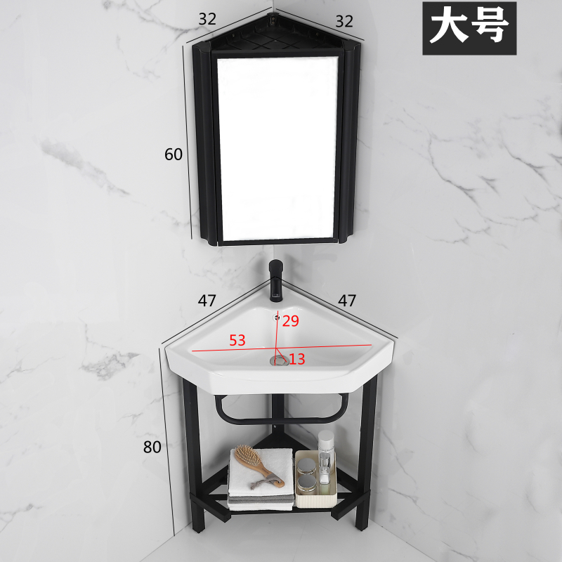 陶瓷三角盆洗手盆小户型r卫生间立柱盆墙角落地式不锈钢家用洗脸