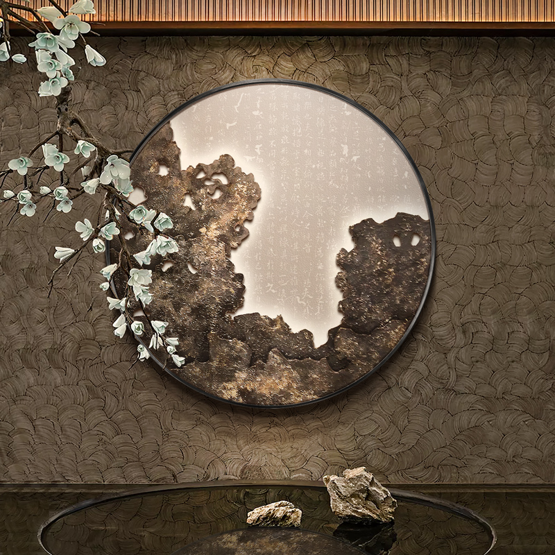 新中式入户e玄关圆形装饰画太湖清秋浮雕肌理实物挂画酒店饭厅壁图片
