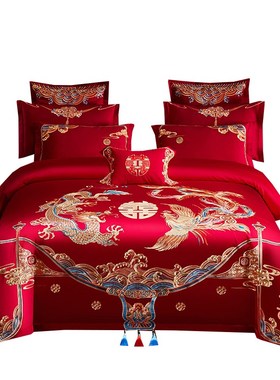婚庆全棉四件套大红刺绣结婚龙凤套件纯棉送被子芯新婚房床上用品