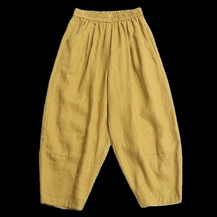 高腰显瘦纯色亚麻灯笼裤 复古休闲哈伦裤 女春秋宽松大码 棉麻八分裤