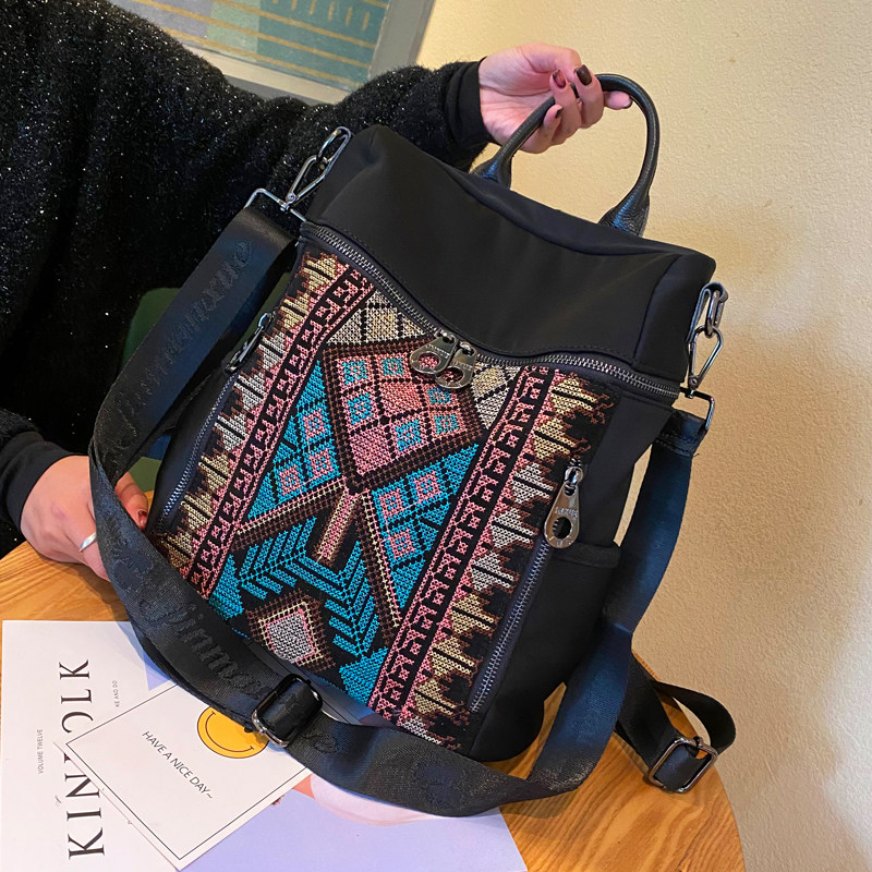 2021潮流刺绣女包三用新款撞色休闲双肩包百搭大容量背包单肩斜挎